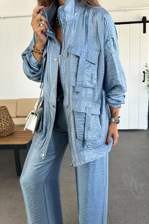 Easy on Me Metallic Fabric Flap Pocket Cargo Style Zipper Loose Set (Shipped Within 24 Hours)