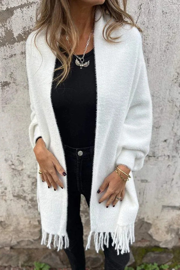 Cashmere-Warm Corner Knit Plush Tassel Trim Relaxed Shawl Cardigan