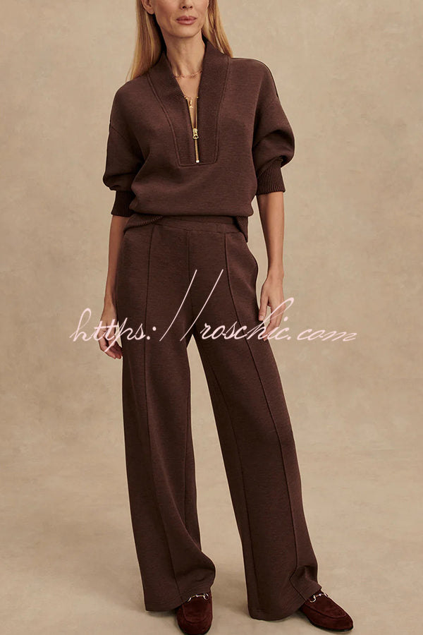 Meet The Autumn Ribbed Zipper Neck Sweatshirt and Elastic Waist Pocketed Loose Pants Set