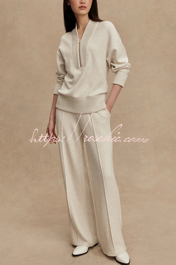 Meet The Autumn Ribbed Zipper Neck Sweatshirt and Elastic Waist Pocketed Loose Pants Set
