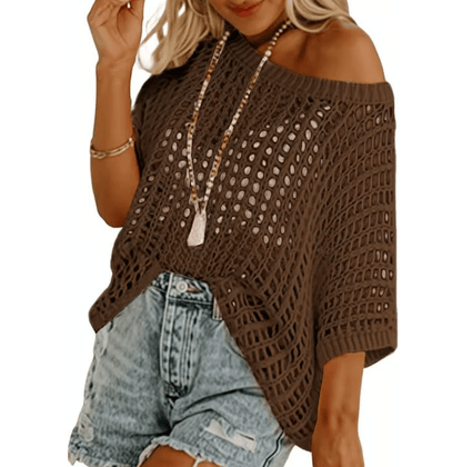 🎁 Womens Summer Scoop Neck Short Sleeve Sweater Casual Crochet Hollow Out Knit Tops Pullover Shirts Beach Coverup