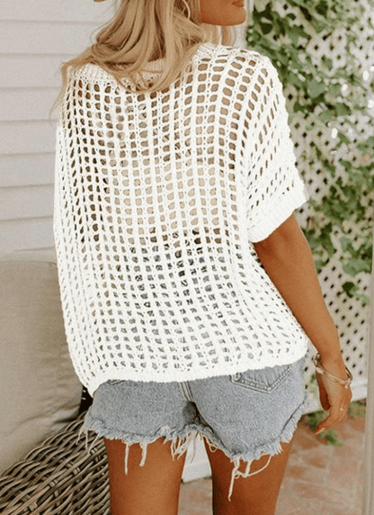 🎁 Womens Summer Scoop Neck Short Sleeve Sweater Casual Crochet Hollow Out Knit Tops Pullover Shirts Beach Coverup