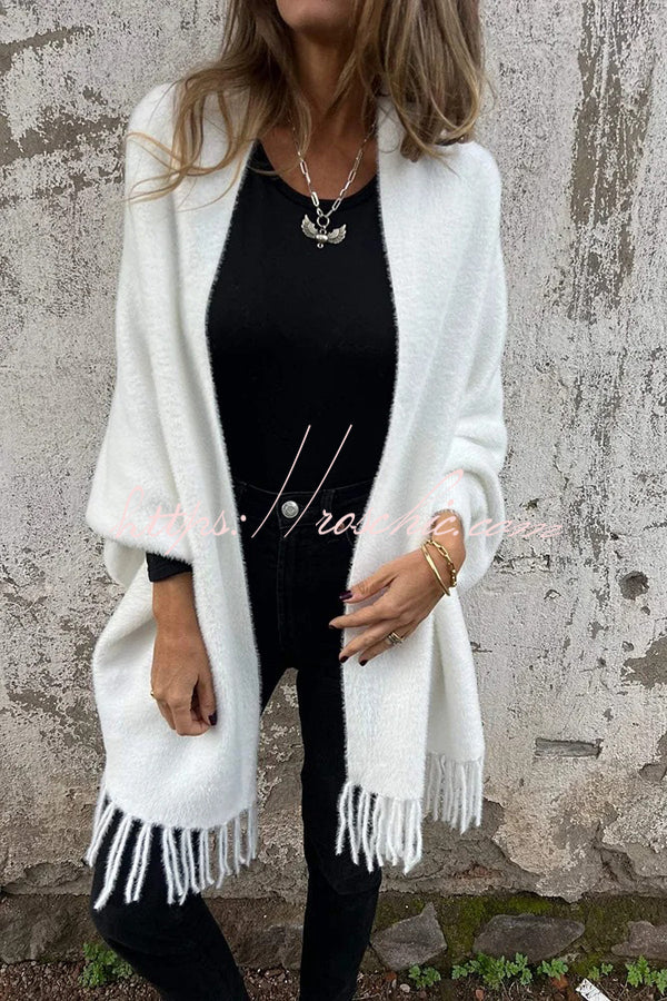 Cashmere-Warm Corner Knit Plush Tassel Trim Relaxed Shawl Cardigan