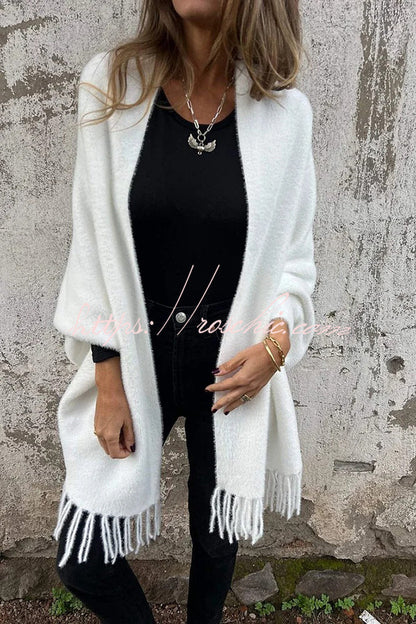 Cashmere-Warm Corner Knit Plush Tassel Trim Relaxed Shawl Cardigan