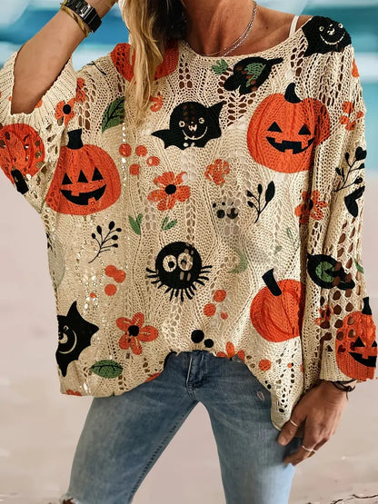 ✨Halloween Crew Neck Pumpkin Loose Fit Long Sleeve Cutout Sweater(BUY 2 FREE SHIPPING)