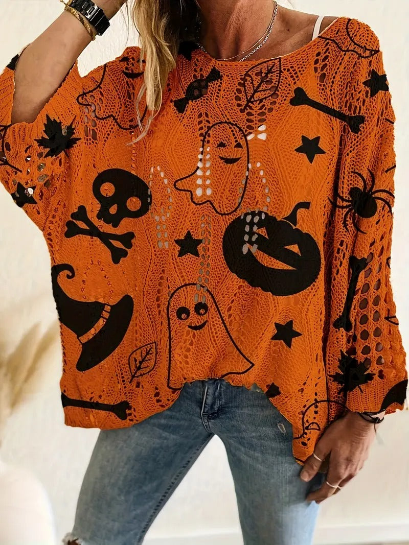 ✨Halloween Crew Neck Pumpkin Loose Fit Long Sleeve Cutout Sweater(BUY 2 FREE SHIPPING)