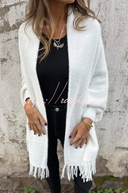 Cashmere-Warm Corner Knit Plush Tassel Trim Relaxed Shawl Cardigan