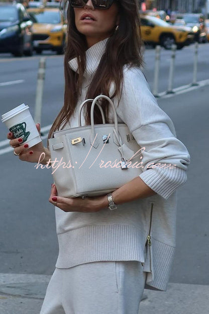 Double Soft Turtleneck Side Zipper Sweatshirt and Elastic Waist Pocketed Loose Pants Set  (Shipped Within 24 Hours)