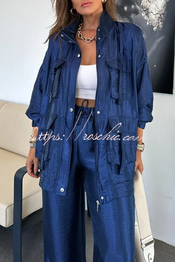 Easy on Me Metallic Fabric Flap Pocket Cargo Style Zipper Loose Set (Shipped Within 24 Hours)