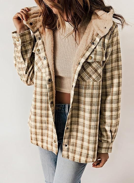 Women's Autumn/Winter Plaid Jacket Long Sleeve Buckle  Hooded Jacket Warm Coat