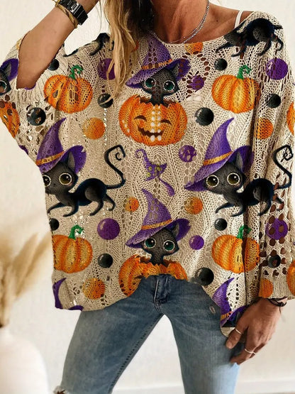 ✨Halloween Crew Neck Pumpkin Loose Fit Long Sleeve Cutout Sweater(BUY 2 FREE SHIPPING)