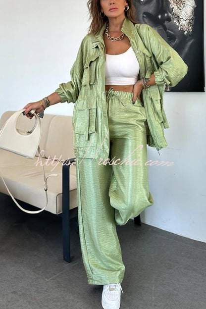 Easy on Me Metallic Fabric Flap Pocket Cargo Style Zipper Loose Set (Shipped Within 24 Hours)