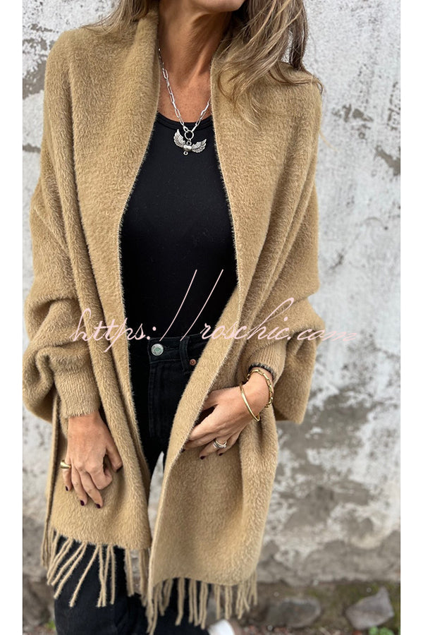 Cashmere-Warm Corner Knit Plush Tassel Trim Relaxed Shawl Cardigan