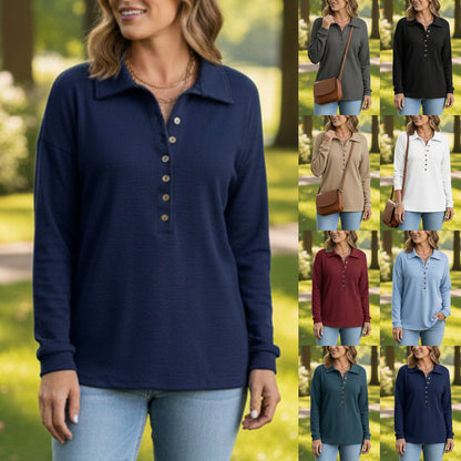 Women's Cotton V-Neck Comfortable Polo Long Sleeve Shirt