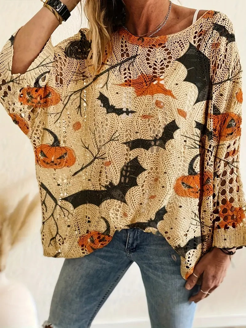 ✨Halloween Crew Neck Pumpkin Loose Fit Long Sleeve Cutout Sweater(BUY 2 FREE SHIPPING)