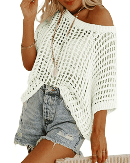 🎁 Womens Summer Scoop Neck Short Sleeve Sweater Casual Crochet Hollow Out Knit Tops Pullover Shirts Beach Coverup