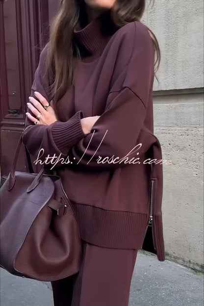 Double Soft Turtleneck Side Zipper Sweatshirt and Elastic Waist Pocketed Loose Pants Set  (Shipped Within 24 Hours)