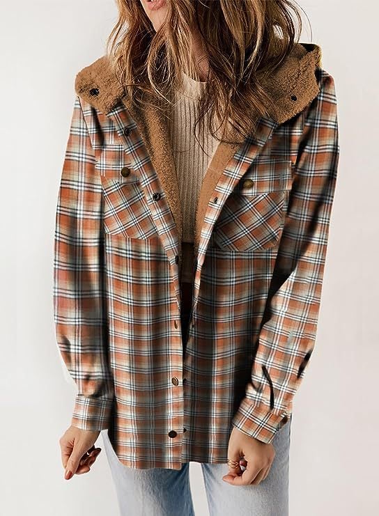 Women's Autumn/Winter Plaid Jacket Long Sleeve Buckle  Hooded Jacket Warm Coat