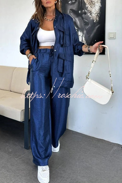 Easy on Me Metallic Fabric Flap Pocket Cargo Style Zipper Loose Set (Shipped Within 24 Hours)