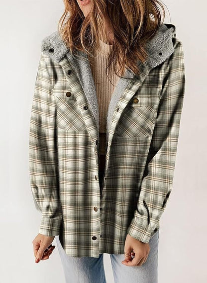 Women's Autumn/Winter Plaid Jacket Long Sleeve Buckle  Hooded Jacket Warm Coat