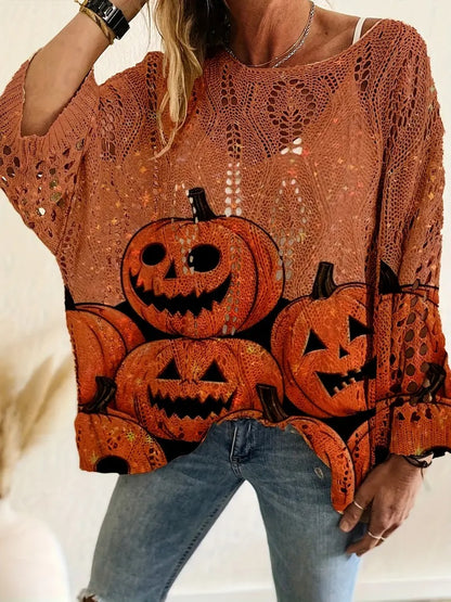 ✨Halloween Crew Neck Pumpkin Loose Fit Long Sleeve Cutout Sweater(BUY 2 FREE SHIPPING)