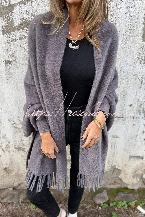 Cashmere-Warm Corner Knit Plush Tassel Trim Relaxed Shawl Cardigan