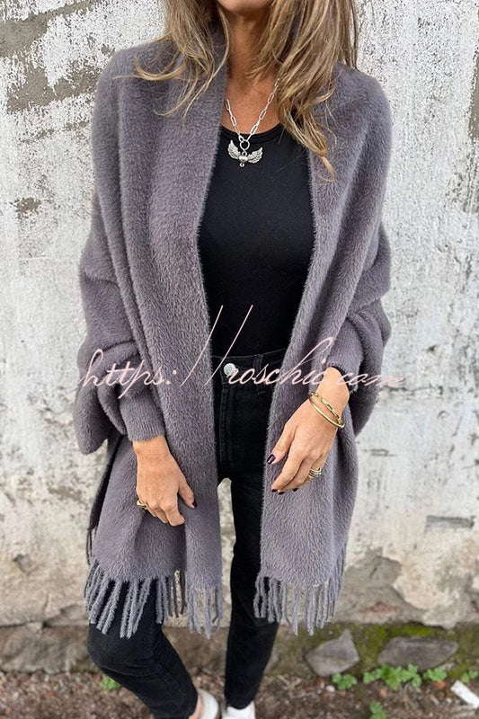 Cashmere-Warm Corner Knit Plush Tassel Trim Relaxed Shawl Cardigan