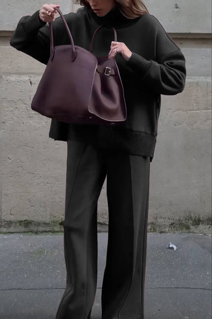 Double Soft Turtleneck Side Zipper Sweatshirt and Elastic Waist Pocketed Loose Pants Set  (Shipped Within 24 Hours)