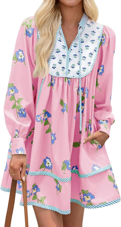 Womens Casual Floral Mini Dress 2025 Fall Long Sleeve V Neck Patchwork Loose Boho Shirt Dresses