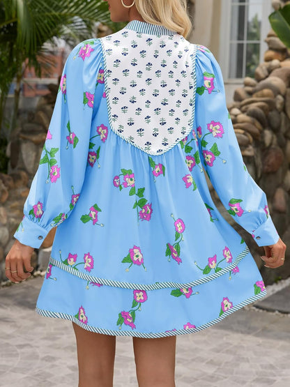 Womens Casual Floral Mini Dress 2025 Fall Long Sleeve V Neck Patchwork Loose Boho Shirt Dresses