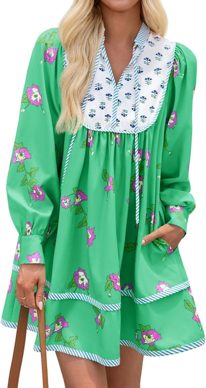 Womens Casual Floral Mini Dress 2025 Fall Long Sleeve V Neck Patchwork Loose Boho Shirt Dresses