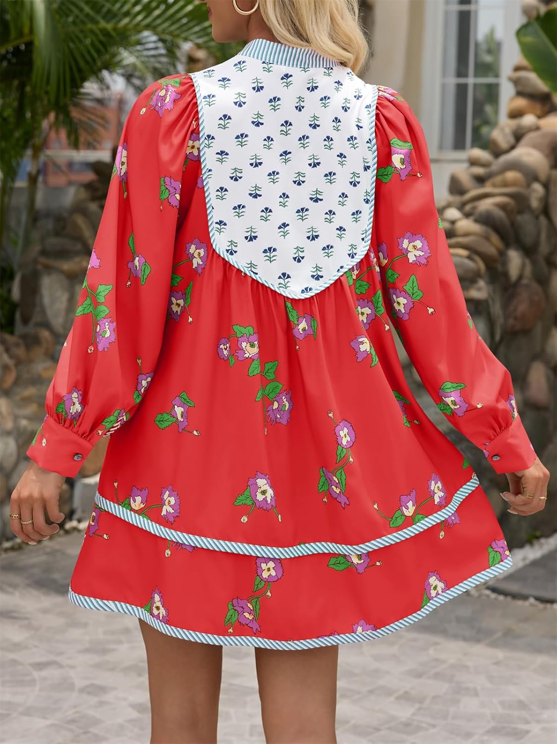 Womens Casual Floral Mini Dress 2025 Fall Long Sleeve V Neck Patchwork Loose Boho Shirt Dresses