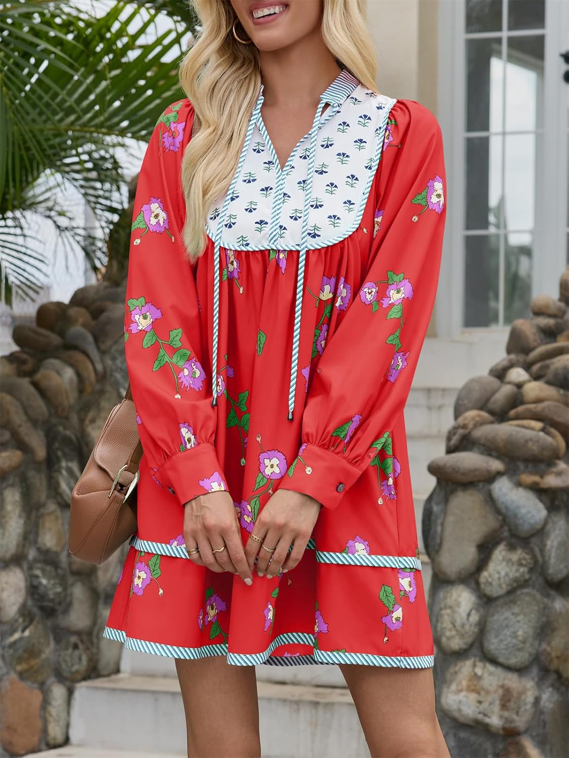 Womens Casual Floral Mini Dress 2025 Fall Long Sleeve V Neck Patchwork Loose Boho Shirt Dresses