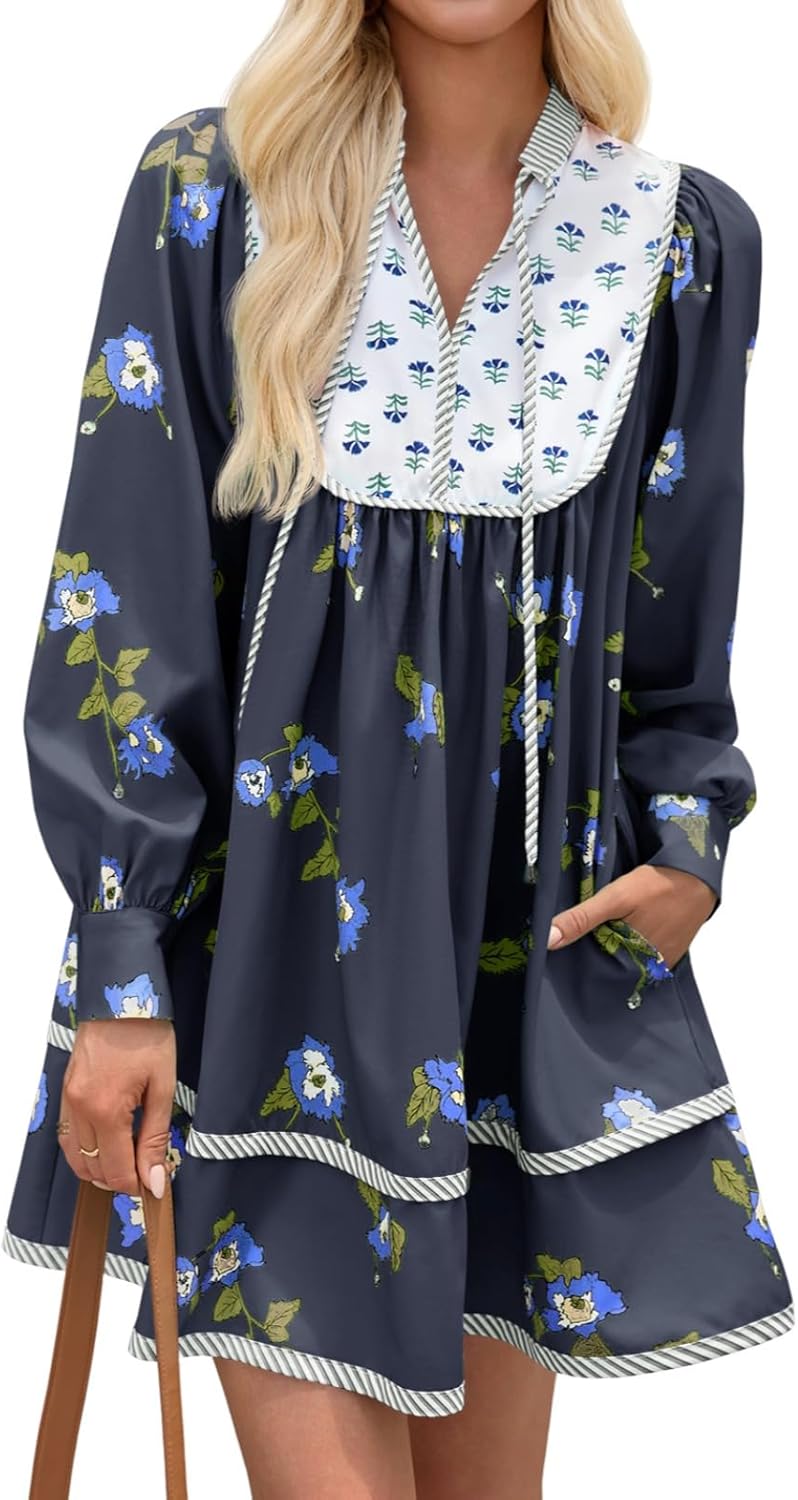 Womens Casual Floral Mini Dress 2025 Fall Long Sleeve V Neck Patchwork Loose Boho Shirt Dresses