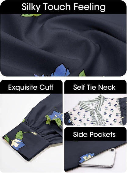 Womens Casual Floral Mini Dress 2025 Fall Long Sleeve V Neck Patchwork Loose Boho Shirt Dresses