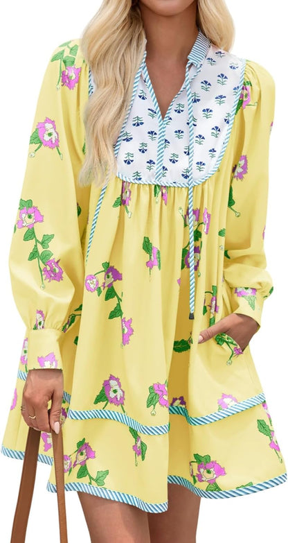 Womens Casual Floral Mini Dress 2025 Fall Long Sleeve V Neck Patchwork Loose Boho Shirt Dresses