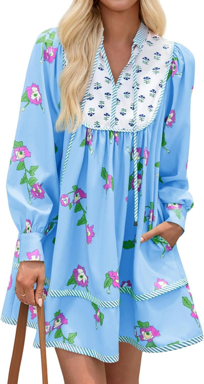 Womens Casual Floral Mini Dress 2025 Fall Long Sleeve V Neck Patchwork Loose Boho Shirt Dresses