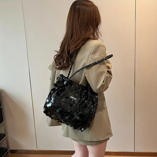 Large Solid Polyester Glitter Shoulder Tote Bag - Zip Closure, Wrist Strap, Polyester Lining - Do Not Wash