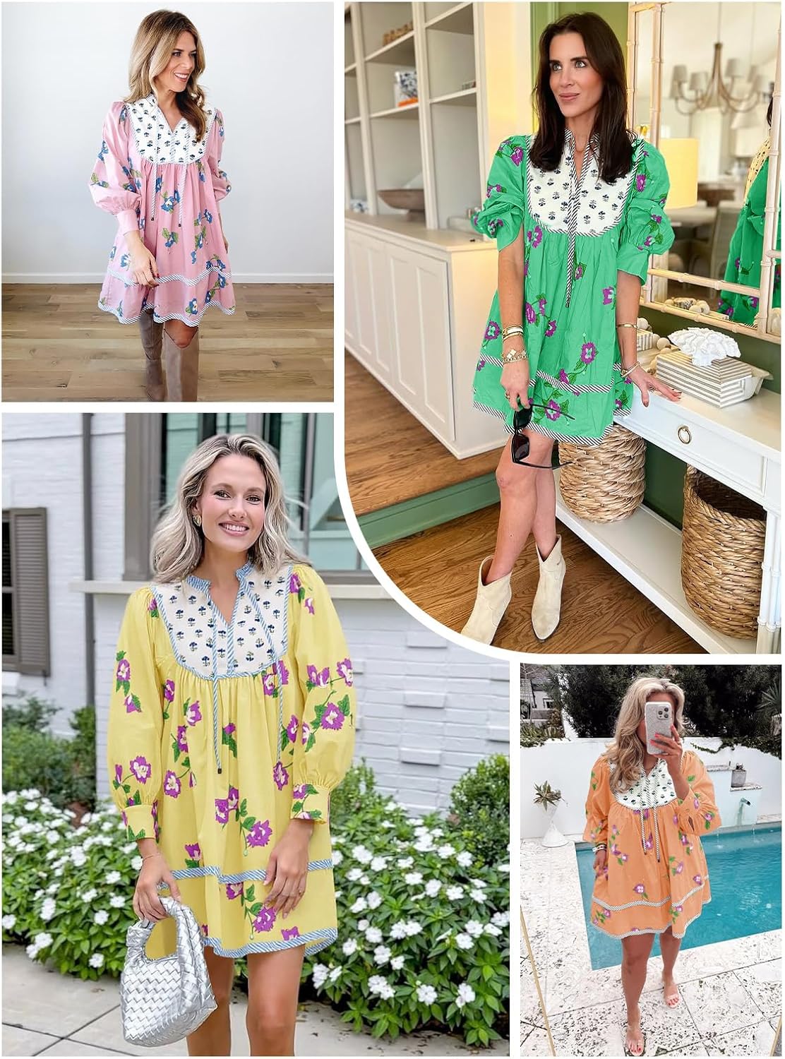 Womens Casual Floral Mini Dress 2025 Fall Long Sleeve V Neck Patchwork Loose Boho Shirt Dresses