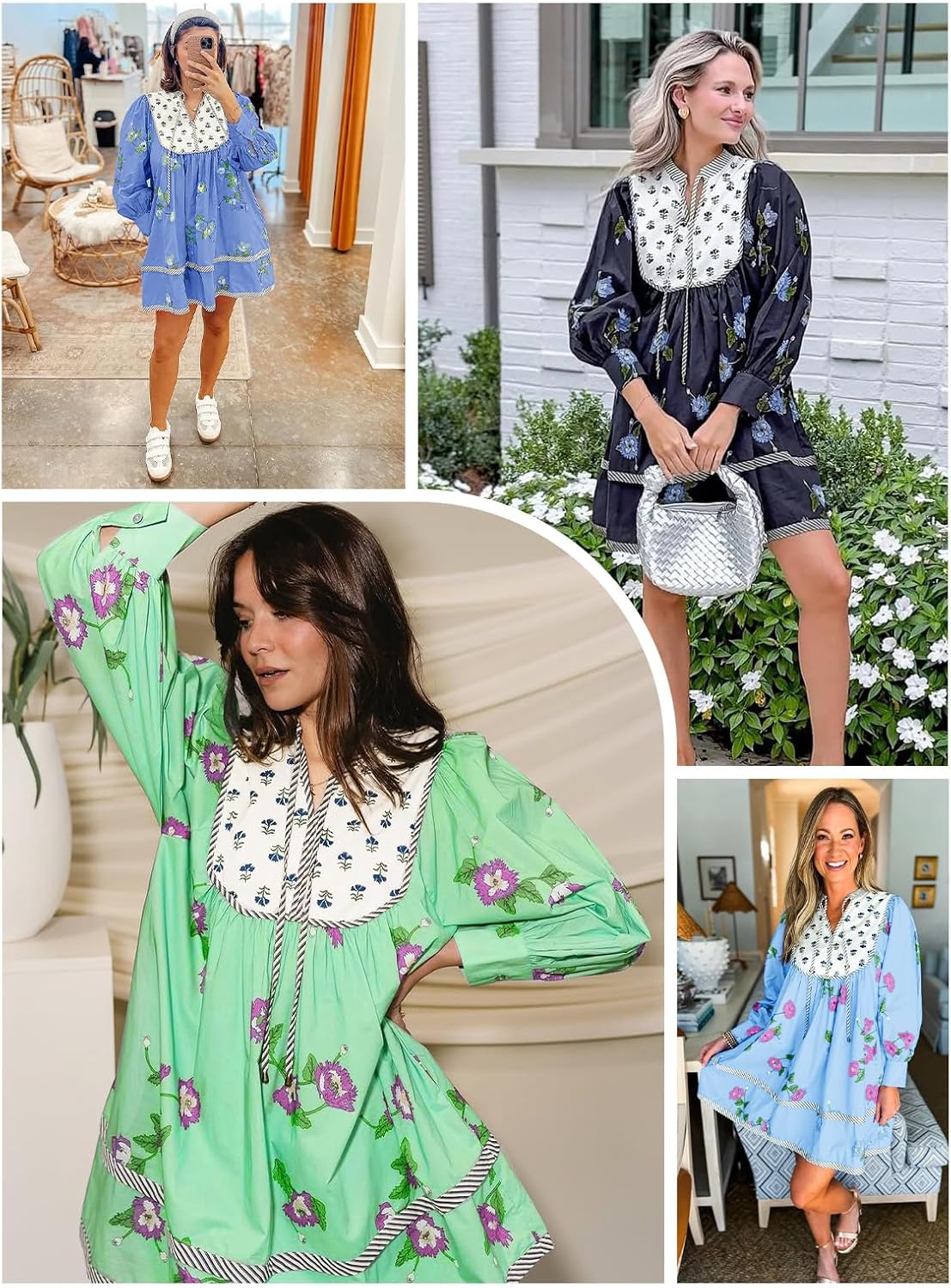 Womens Casual Floral Mini Dress 2025 Fall Long Sleeve V Neck Patchwork Loose Boho Shirt Dresses