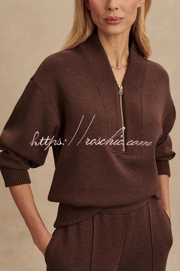Meet The Autumn Ribbed Zipper Neck Sweatshirt and Elastic Waist Pocketed Loose Pants Set