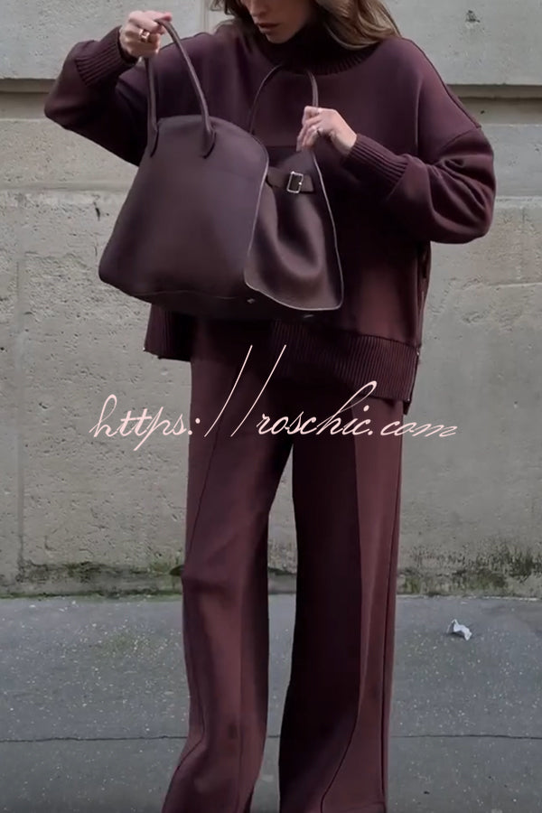 Double Soft Turtleneck Side Zipper Sweatshirt and Elastic Waist Pocketed Loose Pants Set  (Shipped Within 24 Hours)