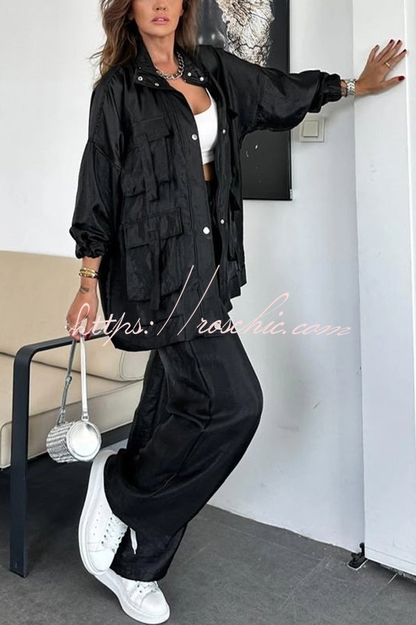 Easy on Me Metallic Fabric Flap Pocket Cargo Style Zipper Loose Set (Shipped Within 24 Hours)