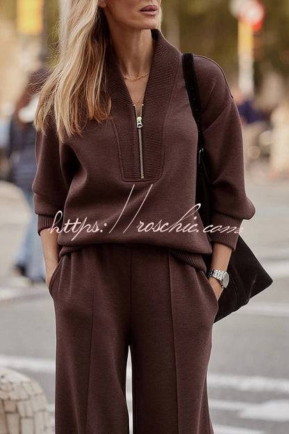 Meet The Autumn Ribbed Zipper Neck Sweatshirt and Elastic Waist Pocketed Loose Pants Set