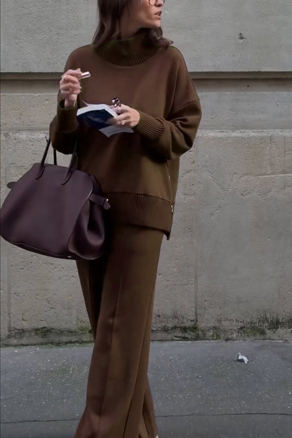 Double Soft Turtleneck Side Zipper Sweatshirt and Elastic Waist Pocketed Loose Pants Set  (Shipped Within 24 Hours)