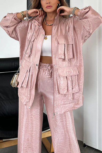 Easy on Me Metallic Fabric Flap Pocket Cargo Style Zipper Loose Set (Shipped Within 24 Hours)