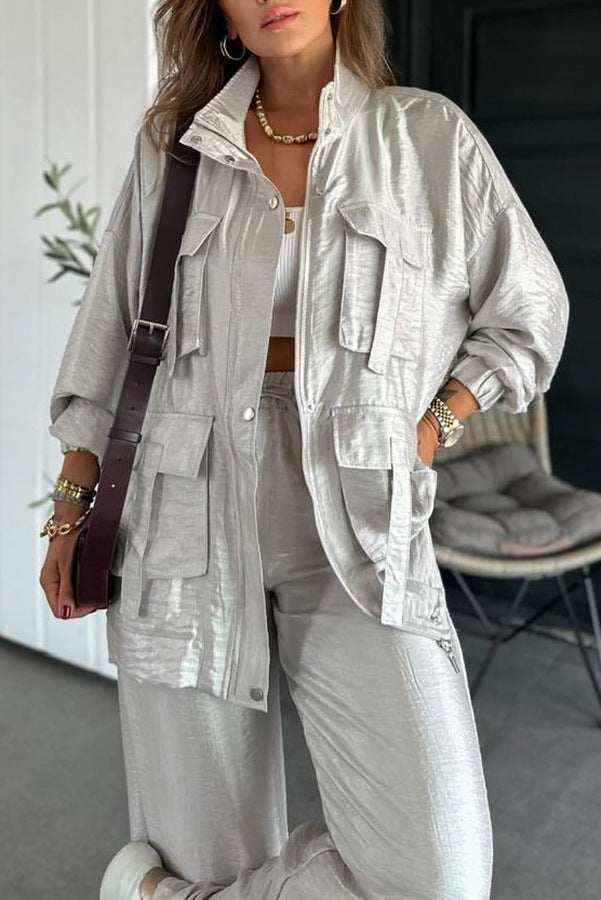 Easy on Me Metallic Fabric Flap Pocket Cargo Style Zipper Loose Set (Shipped Within 24 Hours)