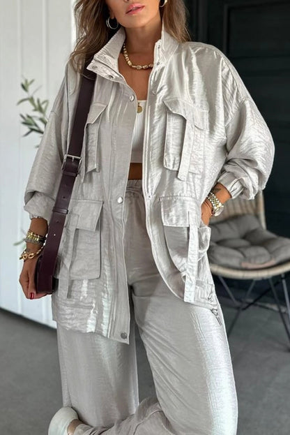 Easy on Me Metallic Fabric Flap Pocket Cargo Style Zipper Loose Set (Shipped Within 24 Hours)