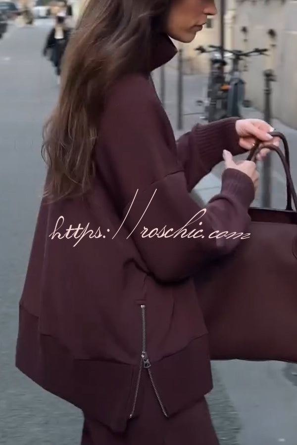 Double Soft Turtleneck Side Zipper Sweatshirt and Elastic Waist Pocketed Loose Pants Set  (Shipped Within 24 Hours)