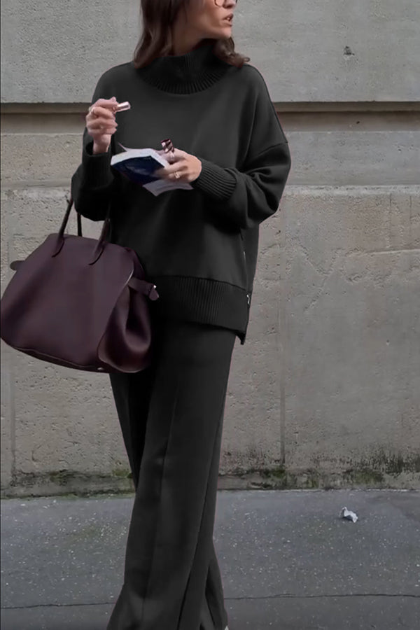 Double Soft Turtleneck Side Zipper Sweatshirt and Elastic Waist Pocketed Loose Pants Set  (Shipped Within 24 Hours)